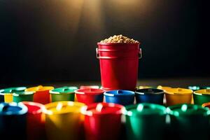 a bucket of popcorn is sitting on top of a pile of colorful cups. AI-Generated photo