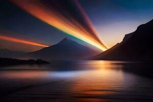 a rainbow light shines over a mountain and lake. AI-Generated photo