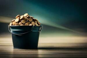 bucket of coins on wooden table. AI-Generated photo