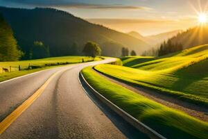 un la carretera en el montañas con el Dom ajuste detrás él. generado por ai foto