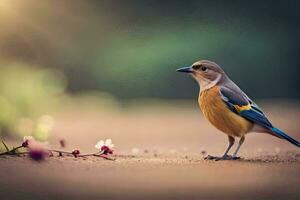 a bird is standing on the ground near a flower. AI-Generated photo