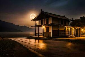 un casa en el playa a noche con un lleno Luna. generado por ai foto