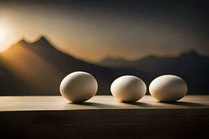 three eggs on a table with mountains in the background. AI-Generated photo