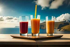 three glasses of juice on a wooden table. AI-Generated photo