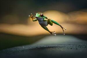 un rana saltando en el aire. generado por ai foto