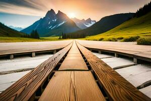 a wooden bridge leads to a mountain range. AI-Generated photo