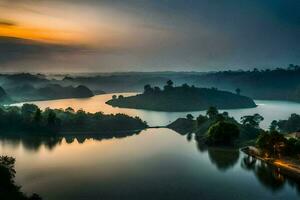 a beautiful sunset over a lake in the middle of a forest. AI-Generated photo