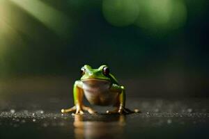 a frog sitting on a wet surface. AI-Generated photo