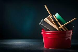 un Cubeta lleno con libros y de madera cucharas generado por ai foto