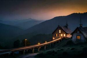 photo wallpaper the sky, mountains, the road, the house, the bridge, the house,. AI-Generated