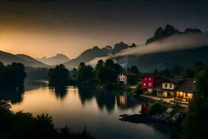 foto fondo de pantalla el cielo, montañas, río, casa, el sol, el montañas, el lago. generado por ai