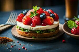 a sandwich with berries and cream on a wooden board. AI-Generated photo