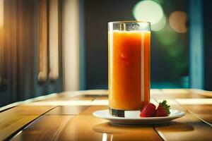 a glass of orange juice on a table. AI-Generated photo