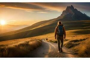 a man walks on a path in the mountains. AI-Generated photo