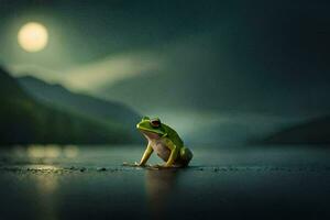 a frog sitting on the edge of a lake in the dark. AI-Generated photo