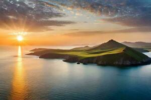 the sun sets over a small island in the ocean. AI-Generated photo