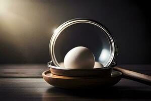 eggs in a pan on a table. AI-Generated photo