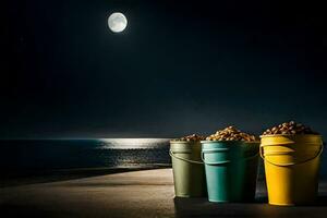 three buckets of nuts sit on a table in front of the ocean. AI-Generated photo