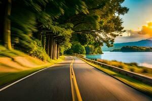 a scenic road with trees and water in the background. AI-Generated photo