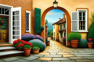 a painting of a street with potted plants. AI-Generated photo