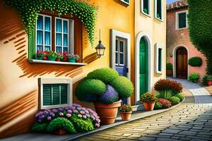 an artistic painting of a street with potted plants. AI-Generated photo
