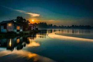 un casa en el agua a puesta de sol. generado por ai foto