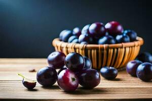 plums in a basket on a wooden table. AI-Generated photo