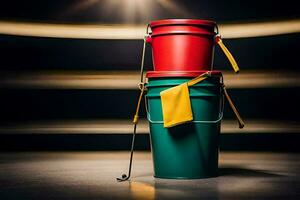 a stack of three buckets with yellow and red handles. AI-Generated photo