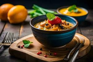 the soup is served in a bowl with a spoon and fork. AI-Generated photo