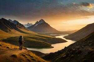 the man is standing on the edge of a mountain overlooking a lake. AI-Generated photo