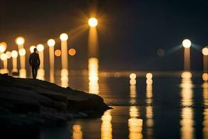 a man stands on the edge of the water at night. AI-Generated photo