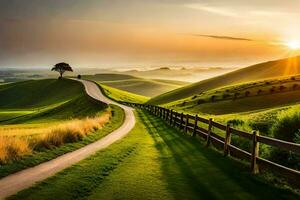 a road winding through a green valley at sunset. AI-Generated photo
