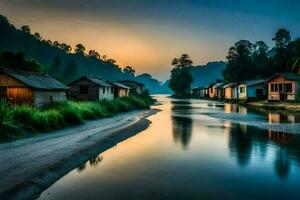 un río en el medio de un pueblo a puesta de sol. generado por ai foto