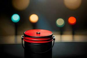 un rojo y negro lata en un mesa con luces en el antecedentes. generado por ai foto