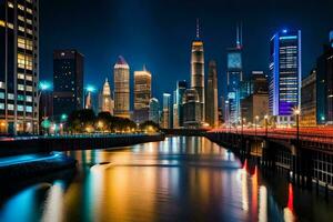 the chicago skyline at night with the river and buildings. AI-Generated photo