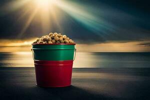 a bucket of peanuts on a table in front of the ocean. AI-Generated photo