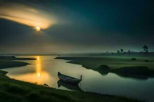 a boat sits on the water in front of a full moon. AI-Generated photo