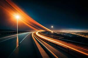a long exposure photograph of a highway at night. AI-Generated photo