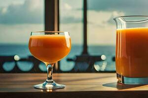 a glass of orange juice and a pitcher of juice. AI-Generated photo