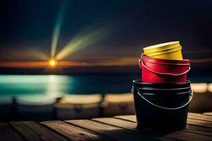 three buckets sitting on a wooden table with the sun setting behind them. AI-Generated photo