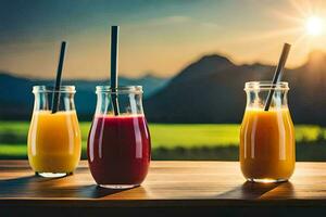 Tres lentes de jugo en un mesa con montañas en el antecedentes. generado por ai foto