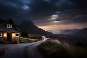 un pequeño cabina en el medio de un la carretera a noche. generado por ai foto
