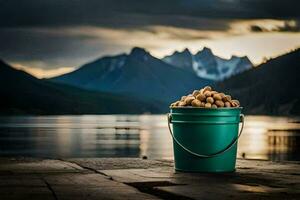 a bucket of nuts on a lake. AI-Generated photo