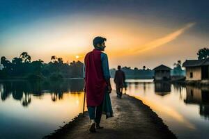 a man in a red cape walks along a path in front of a lake. AI-Generated photo