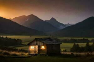 a small cabin in the middle of a field with mountains in the background. AI-Generated photo