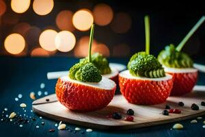 three strawberries with green vegetables on top. AI-Generated photo