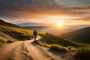 un hombre camina en un suciedad la carretera en el montañas. generado por ai foto