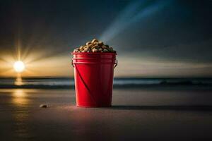 un rojo Cubeta lleno con arena en el playa. generado por ai foto