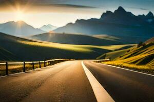 un la carretera en el montañas con el Dom brillante. generado por ai foto