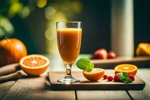 naranja jugo en un vaso en un de madera mesa. generado por ai foto